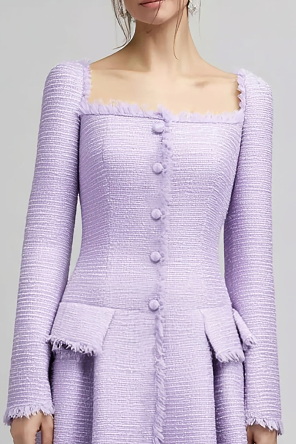 Lilac Tweed Square Neck Midi Homecoming Outfits with Sleeves