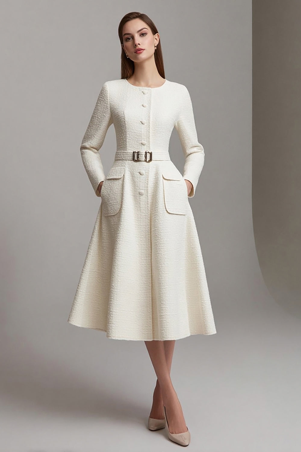 Ivory Tweed A Line Boat Neck Midi Homecoming Outfits with Belts