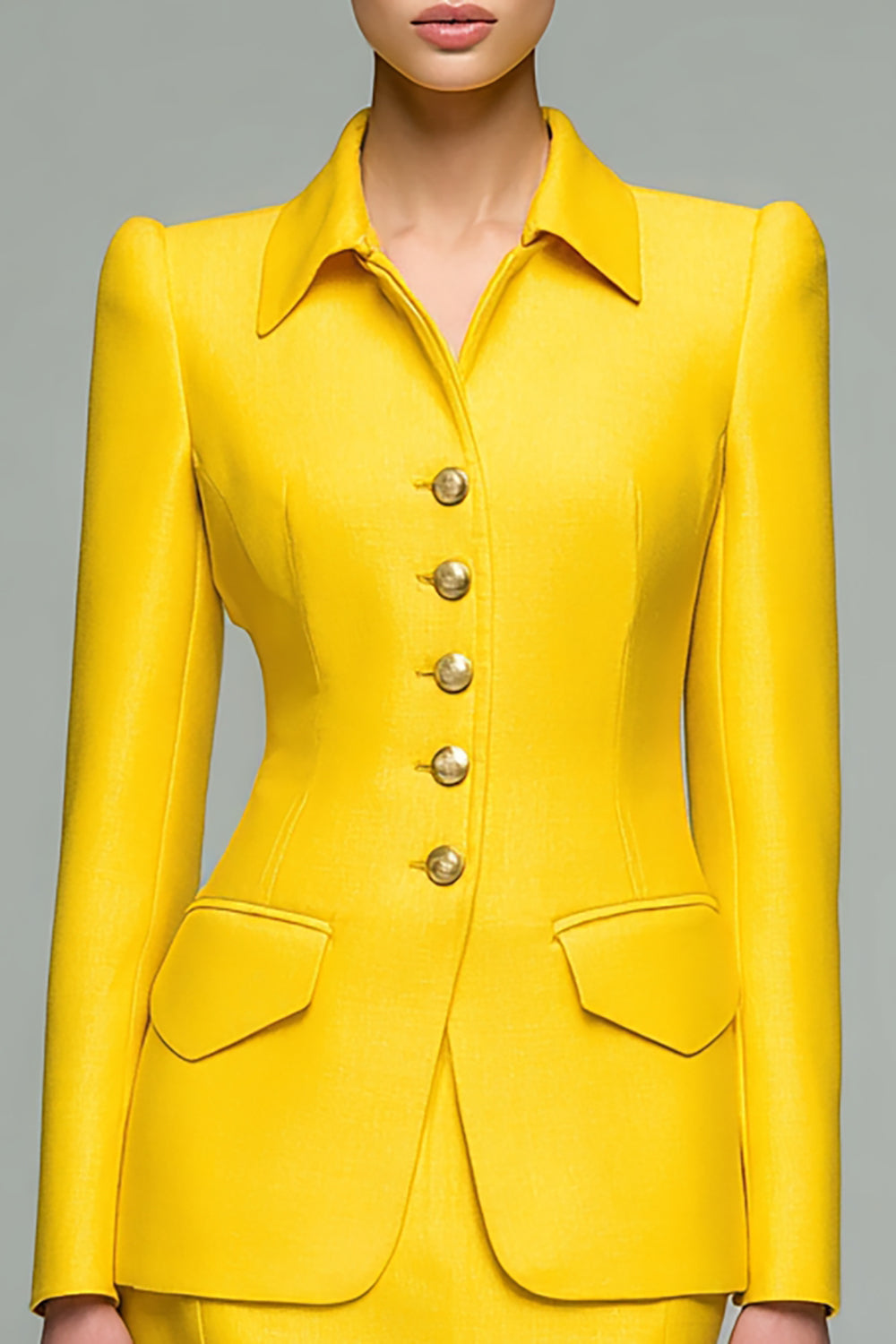 2 Piece Yellow Collar Pencil Satin Short Business Suits with Sleeves
