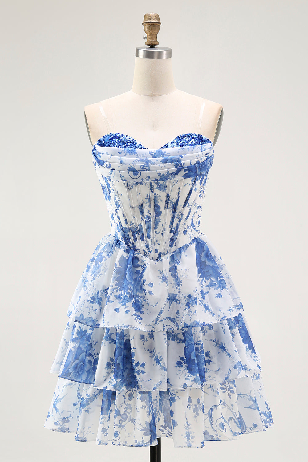 White Blue Floral A Line Corset Short Homecoming Dress with Ruffles
