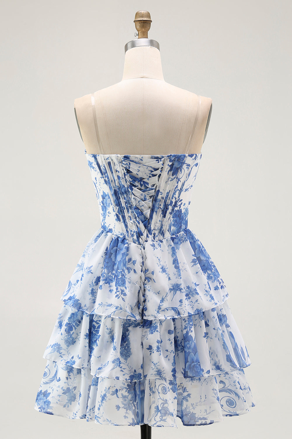 White Blue Floral A Line Corset Short Homecoming Dress with Ruffles