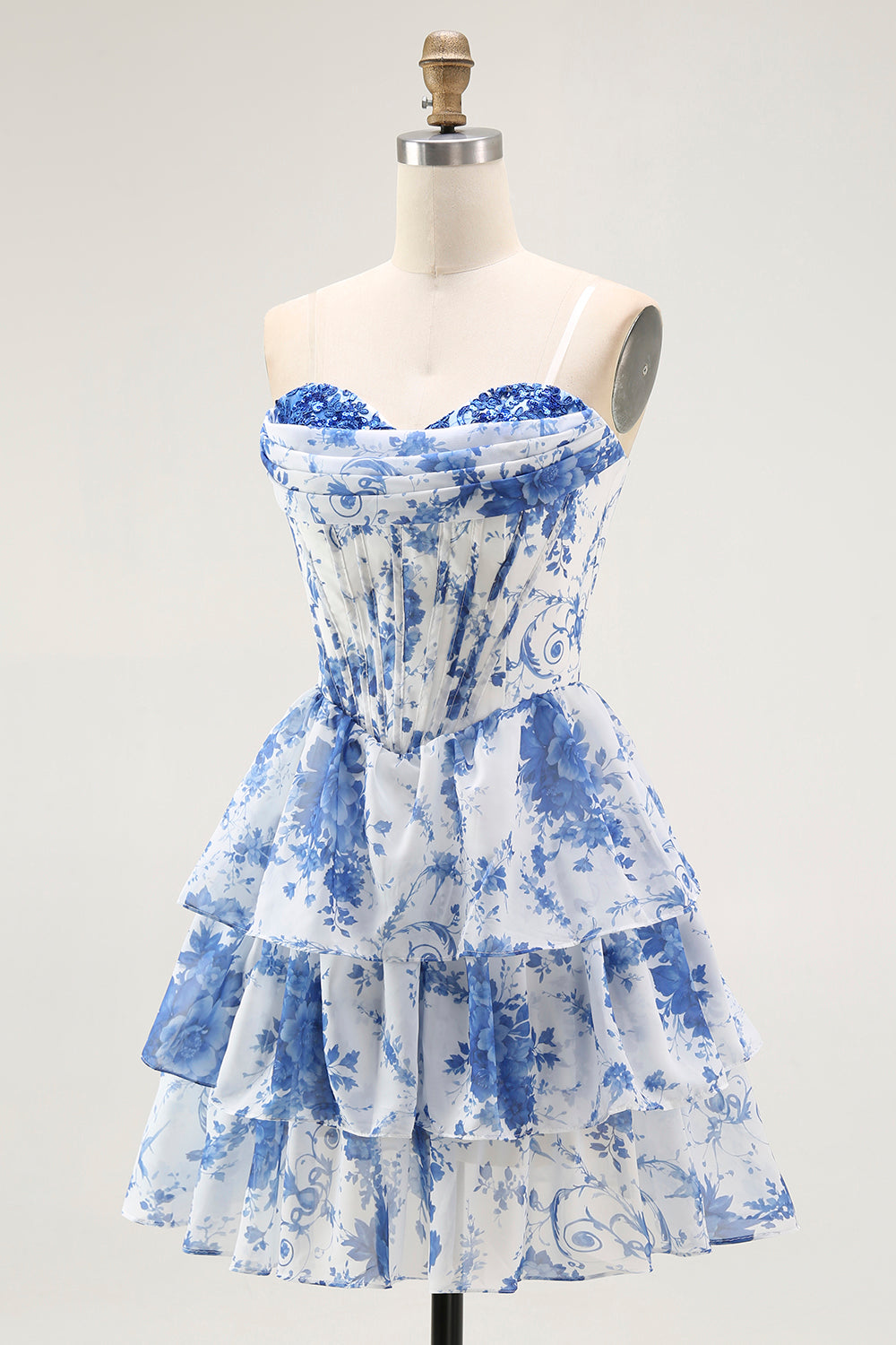 White Blue Floral A Line Corset Short Homecoming Dress with Ruffles