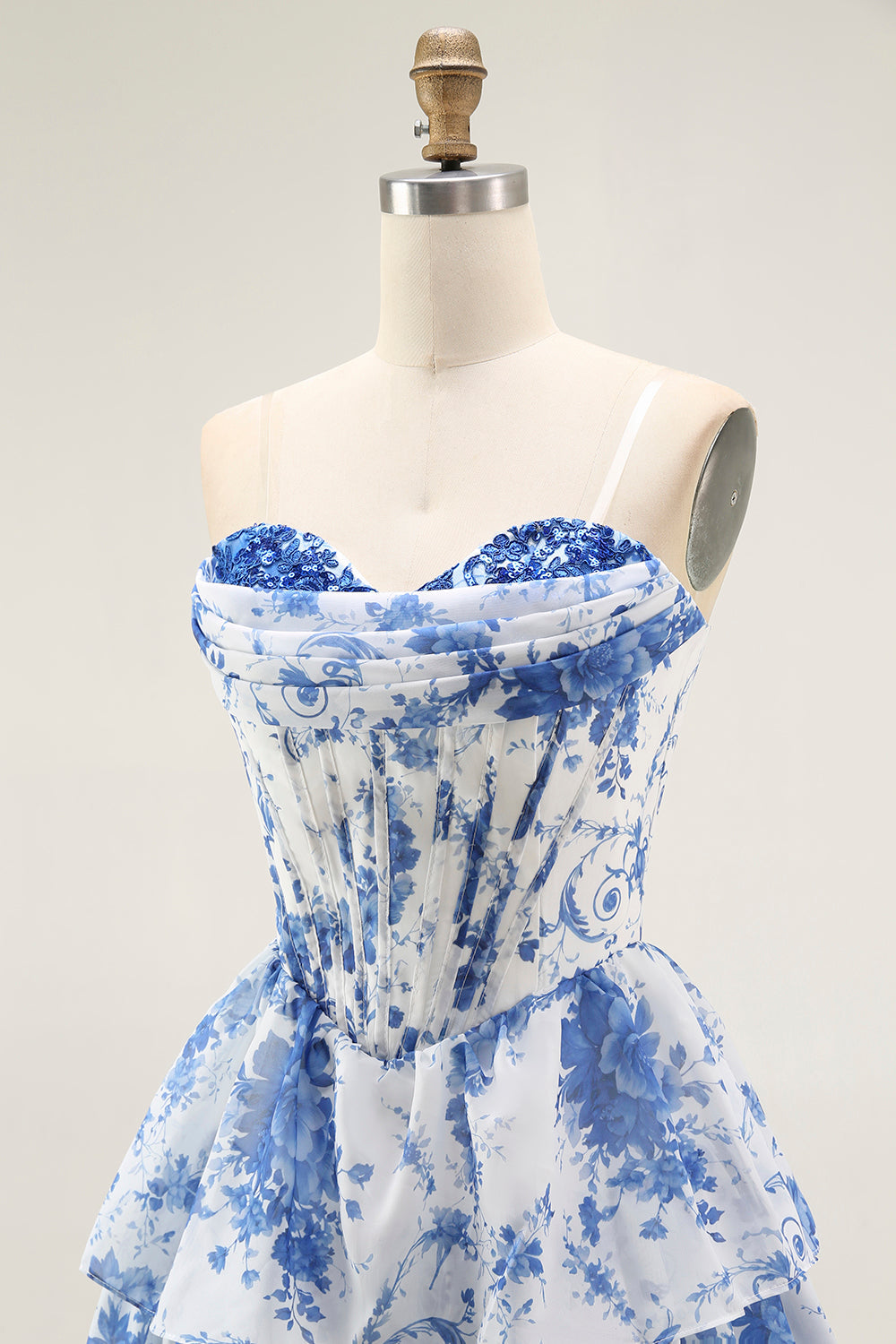 White Blue Floral A Line Corset Short Homecoming Dress with Ruffles