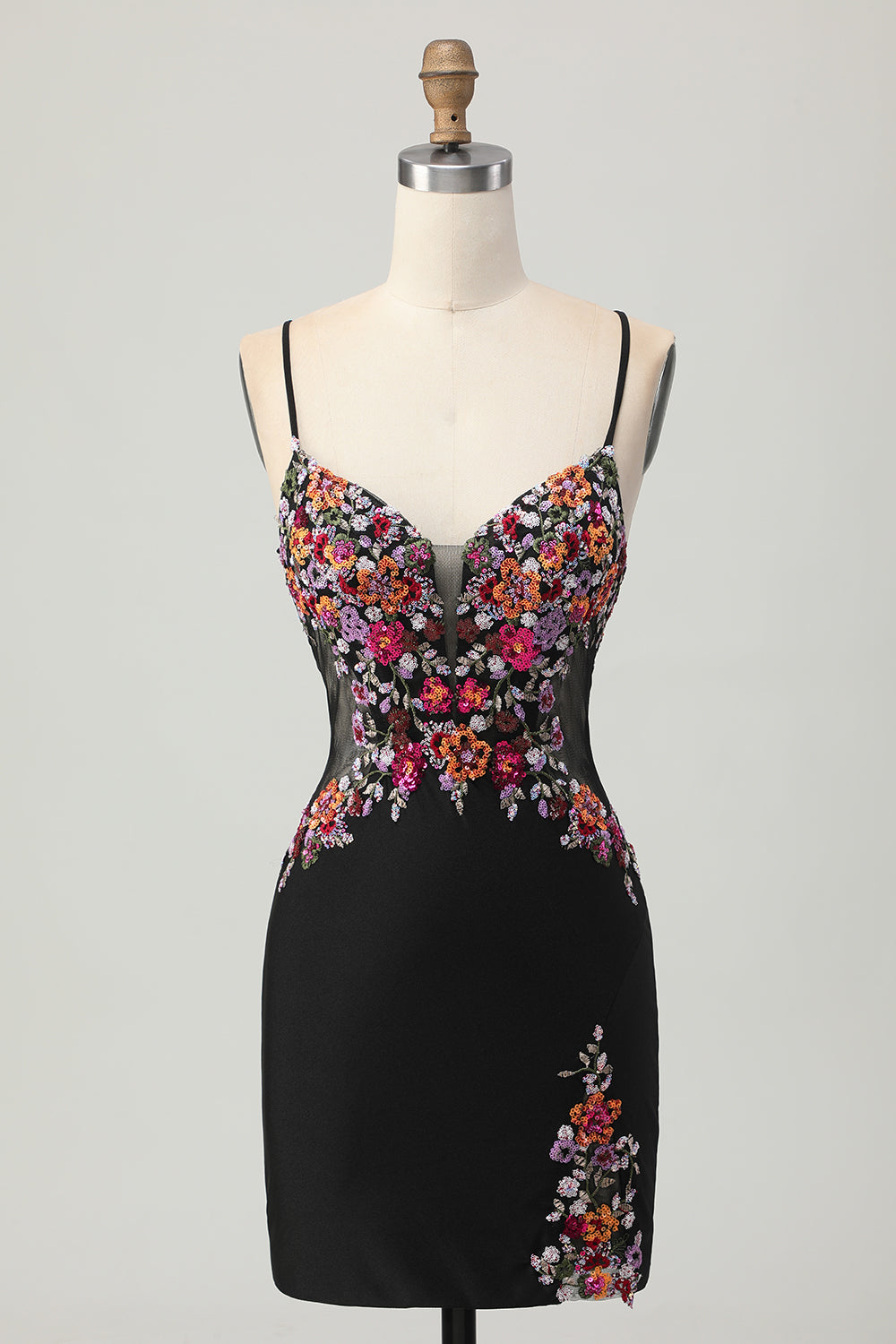 Black Floral Tight Spaghetti Straps Short Homecoming Dress