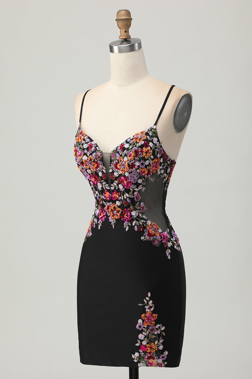 Black Floral Tight Spaghetti Straps Short Homecoming Dress