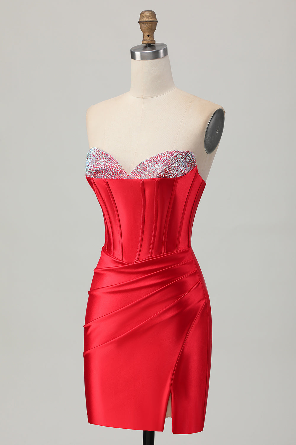 Sparkly Red Satin Corset Sweetheart Short Beaded Homecoming Dress with Slit