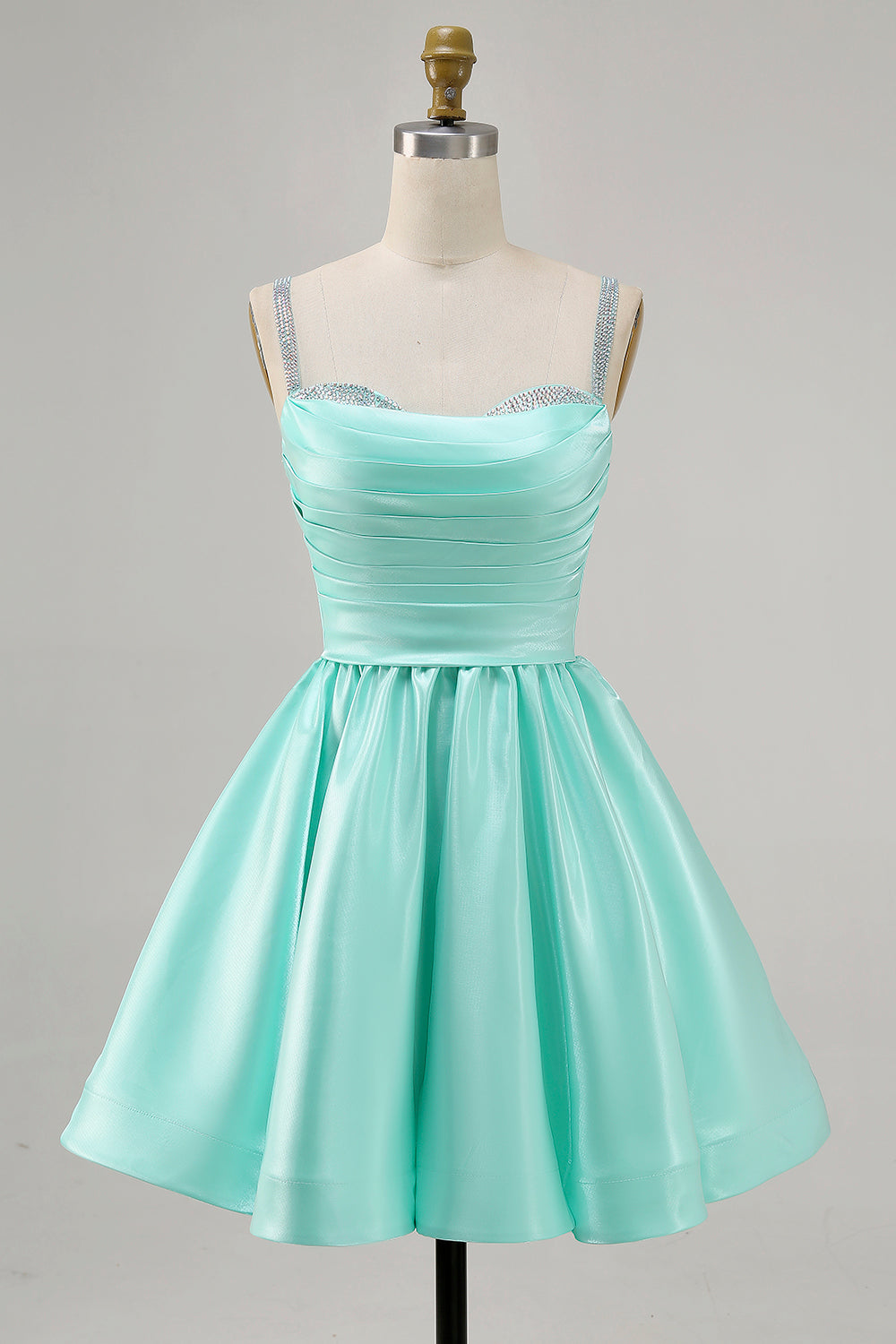 Sparkly Mint Green Ruched Satin Short Homecoming Dress with Beading