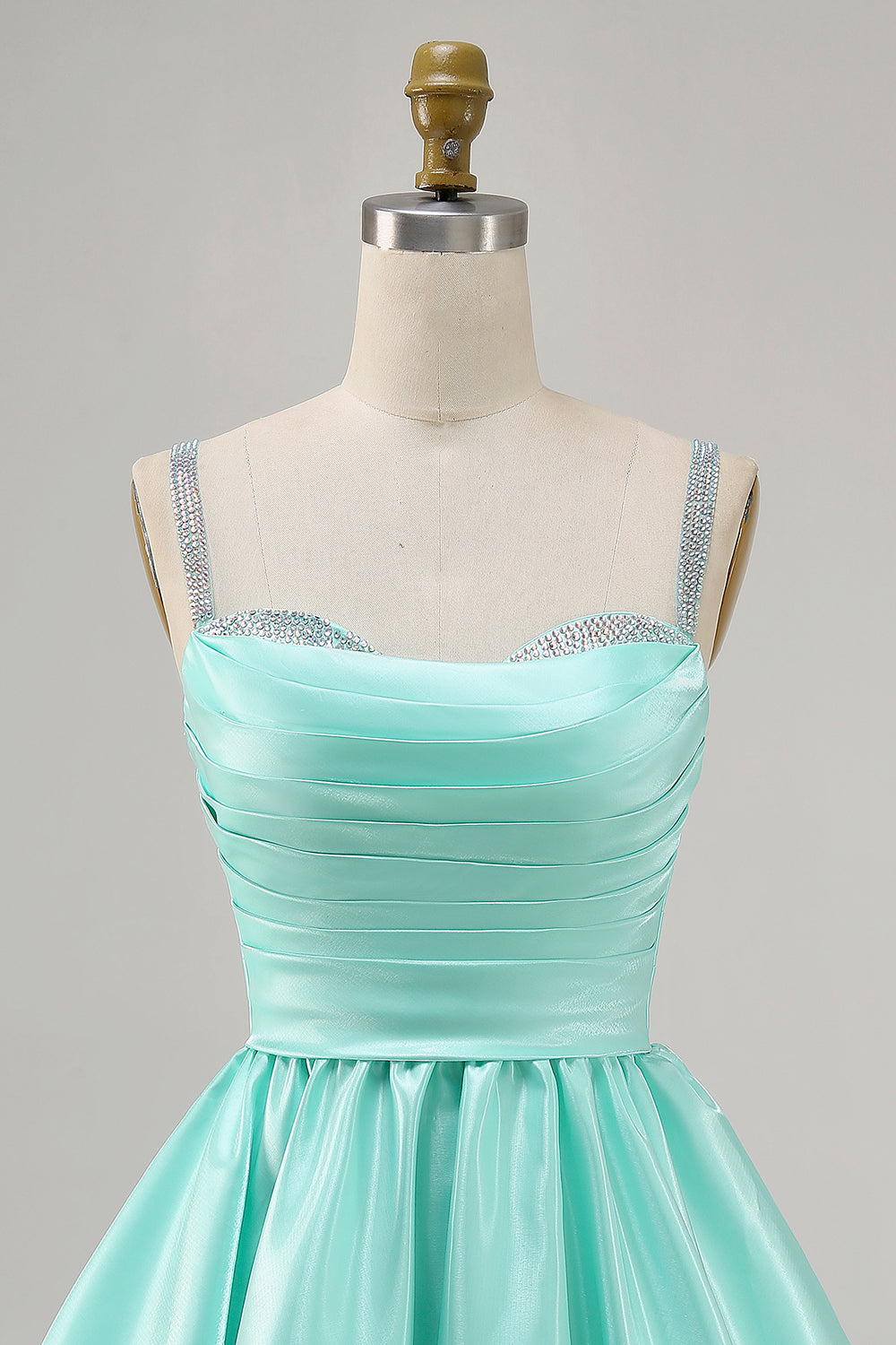 Sparkly Mint Green Ruched Satin Short Homecoming Dress with Beading