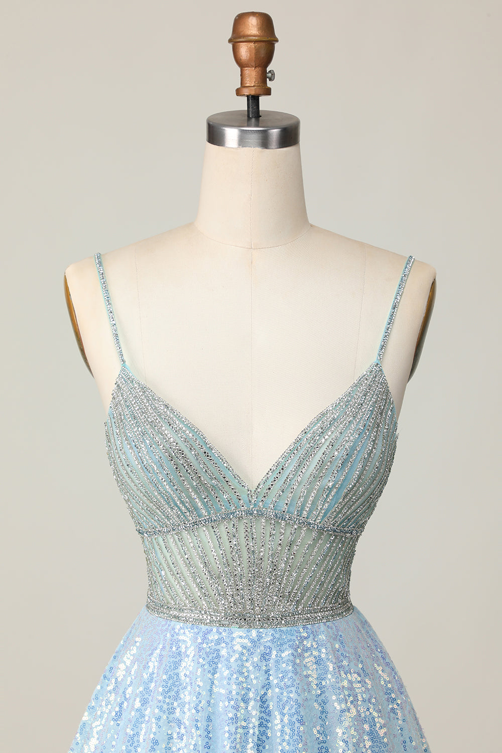 Sparkly Light Blue Sequin Spaghetti Straps Short Homecoming Dress with Beading