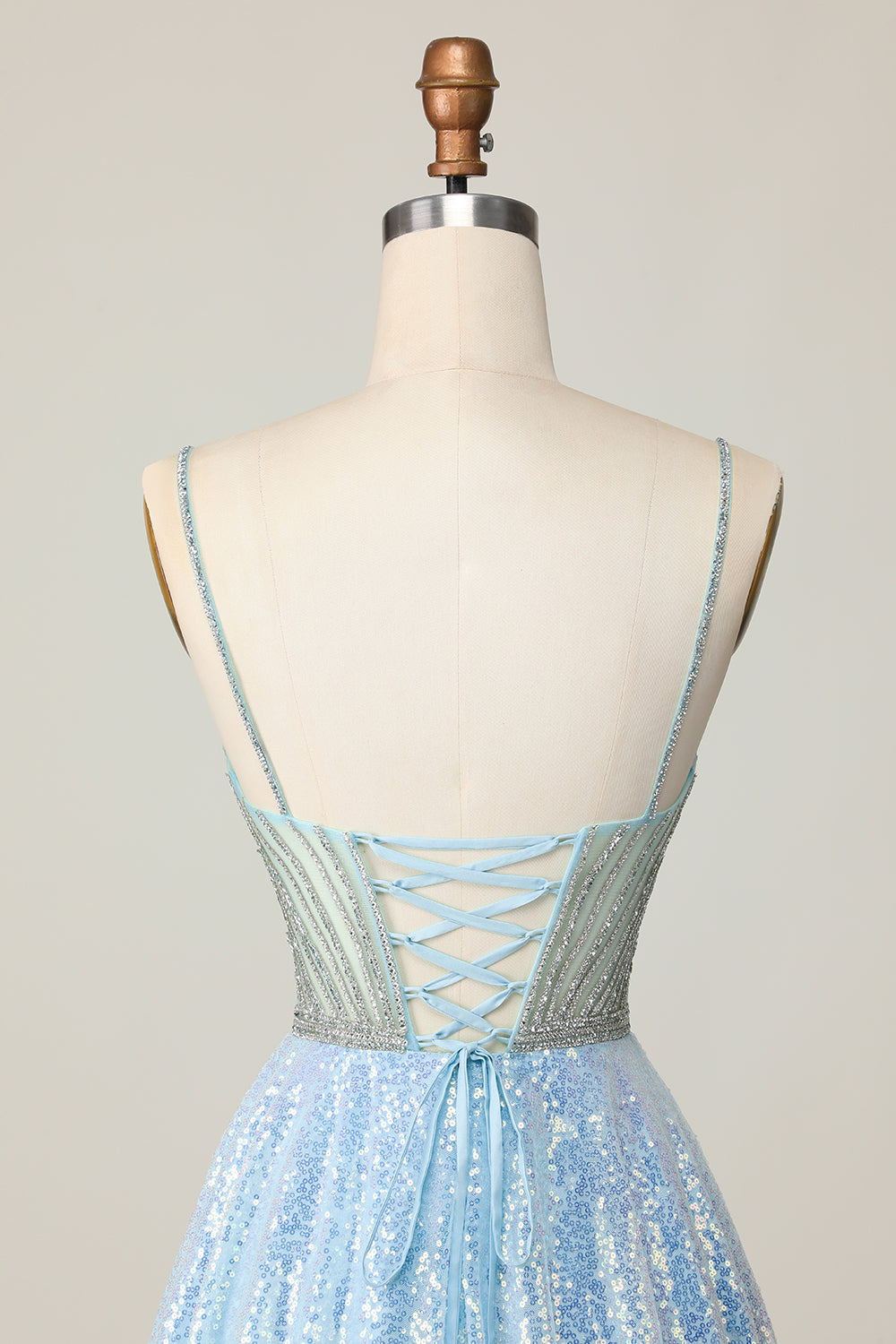 Sparkly Light Blue Sequin Spaghetti Straps Short Homecoming Dress with Beading