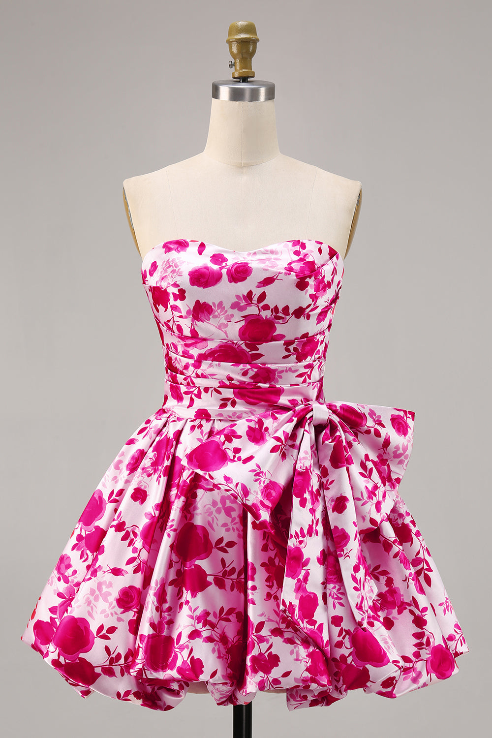 Floral Fuchsia A Line Strapless Short Homecoming Dress with Bow