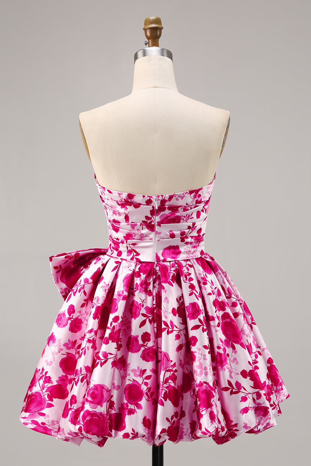 Floral Fuchsia A Line Strapless Short Homecoming Dress with Bow