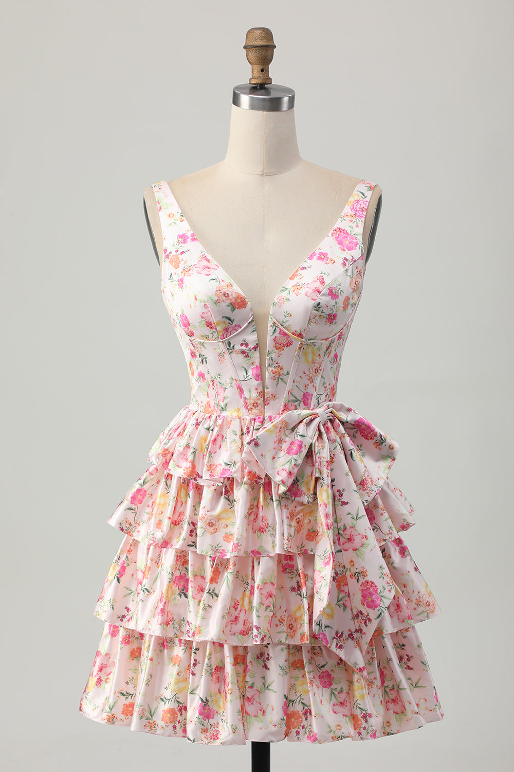 Pink A Line Tiered Floral Short Corset Homecoming Dress with Bow