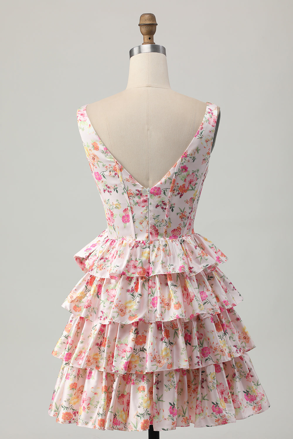 Pink A Line Tiered Floral Short Corset Homecoming Dress with Bow