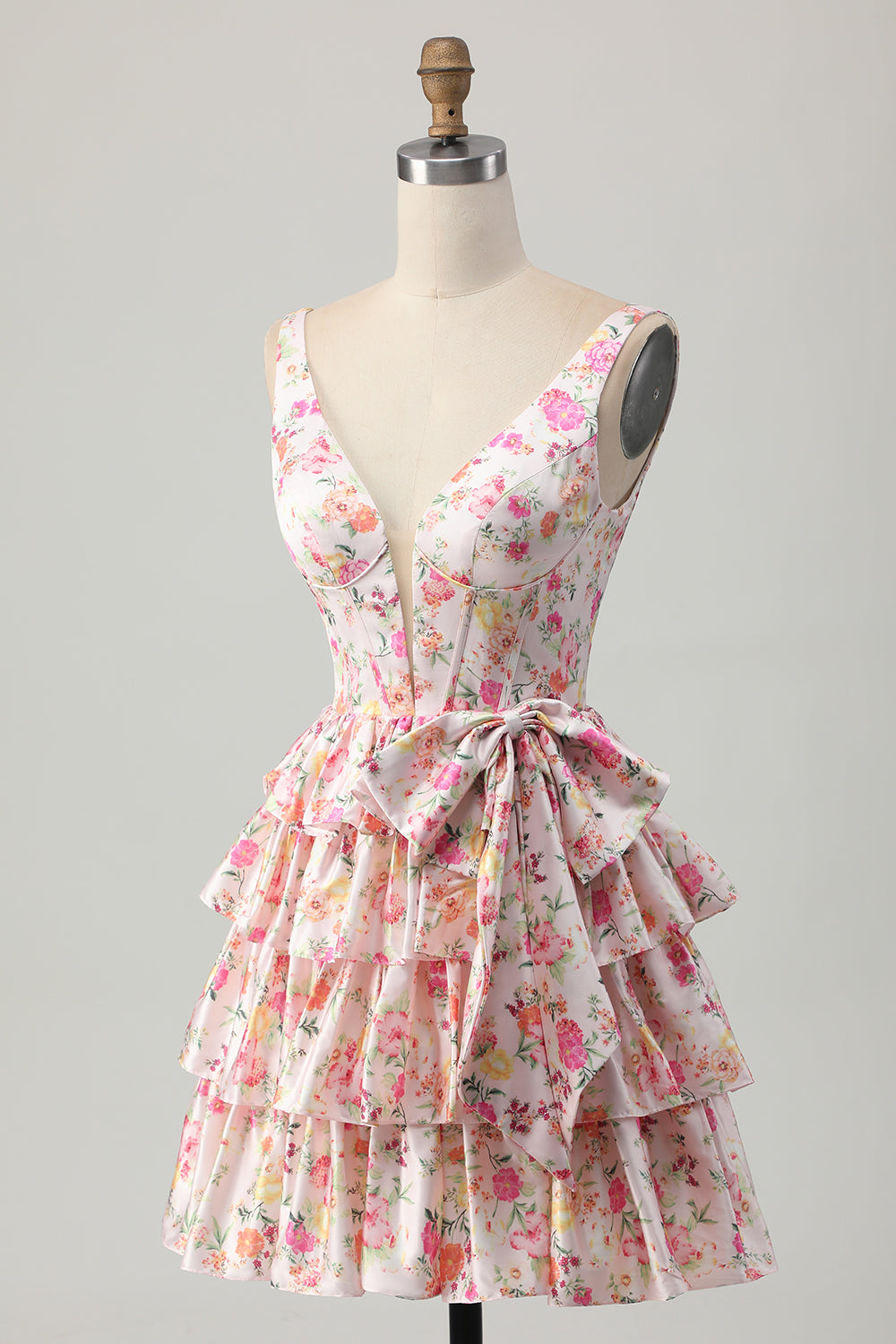 Pink A Line Tiered Floral Short Corset Homecoming Dress with Bow