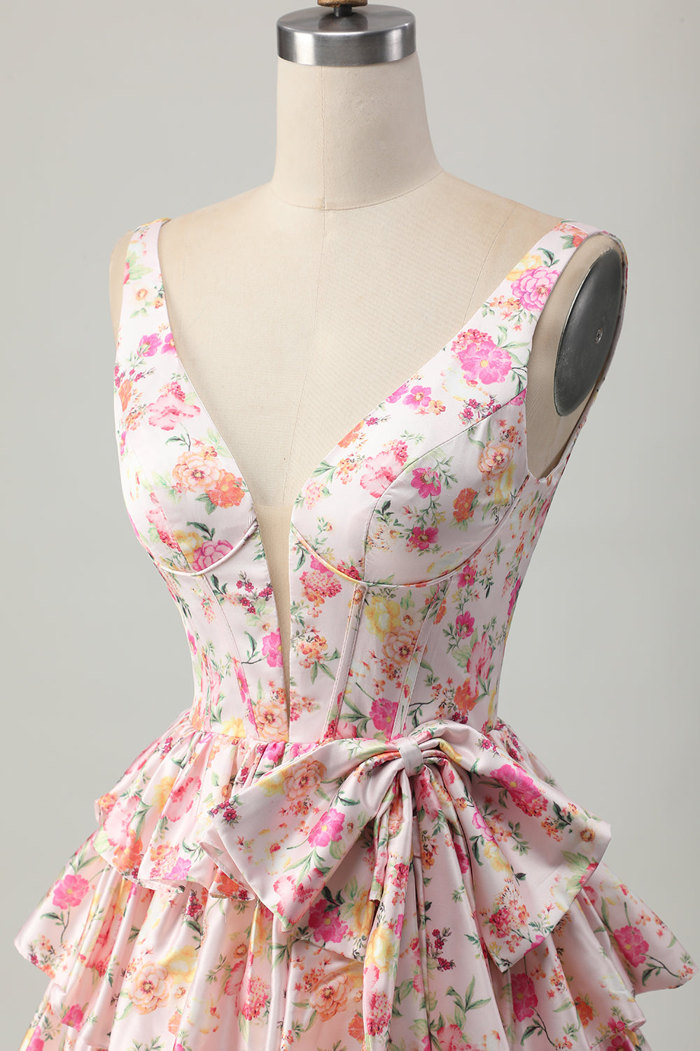 Pink A Line Tiered Floral Short Corset Homecoming Dress with Bow