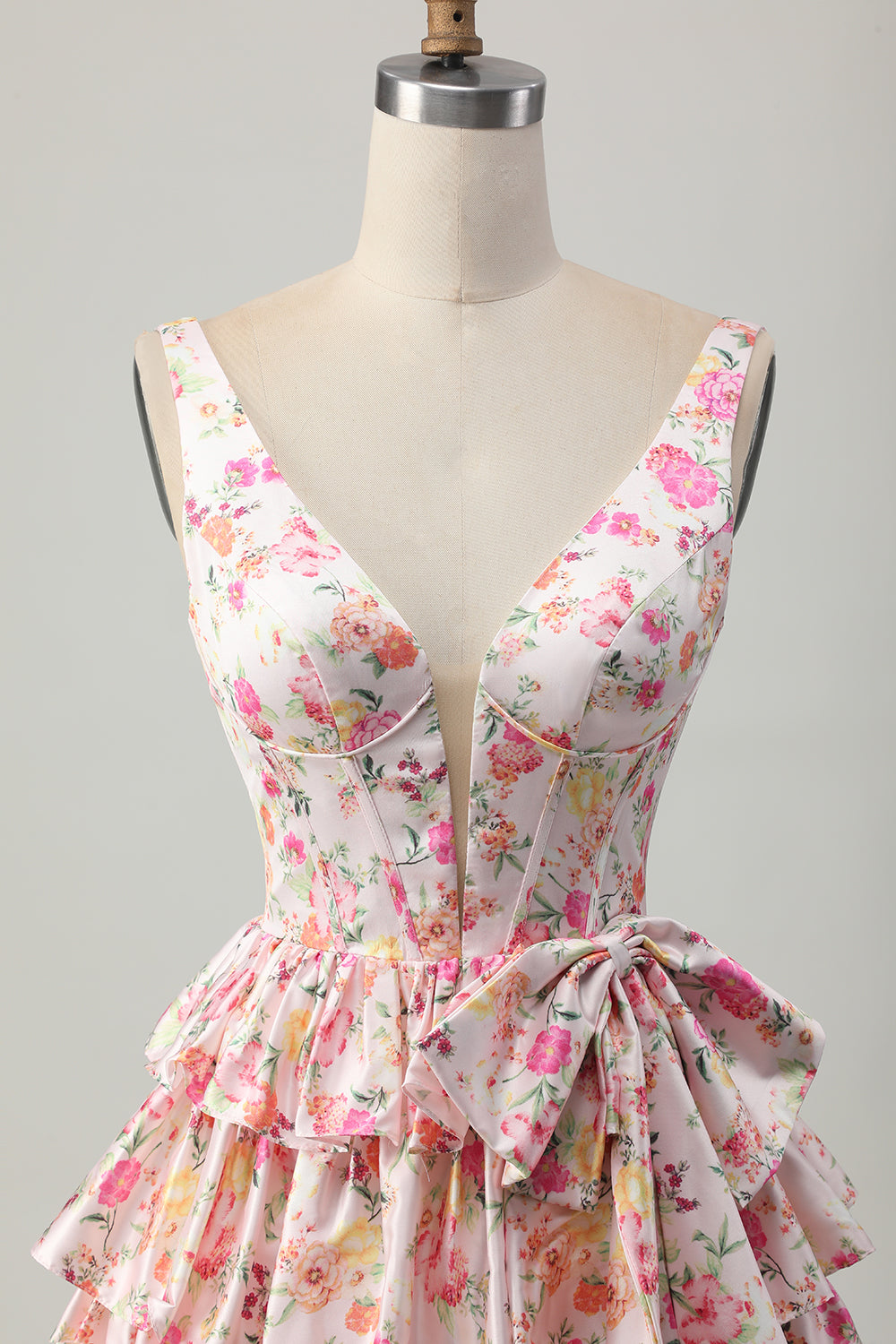 Pink A Line Tiered Floral Short Corset Homecoming Dress with Bow