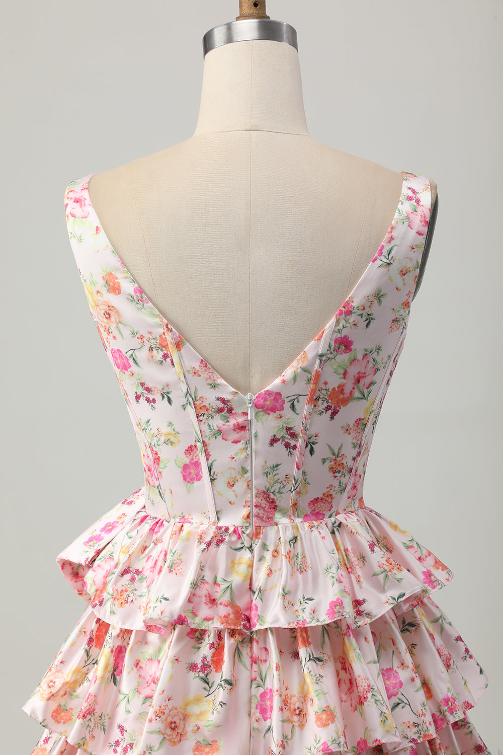 Pink A Line Tiered Floral Short Corset Homecoming Dress with Bow