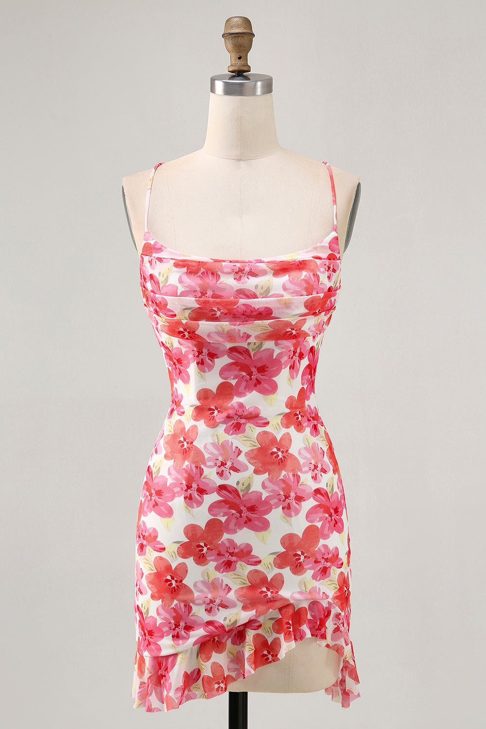 Red Floral Ruched Tight Short Homecoming Dress with Ruffles