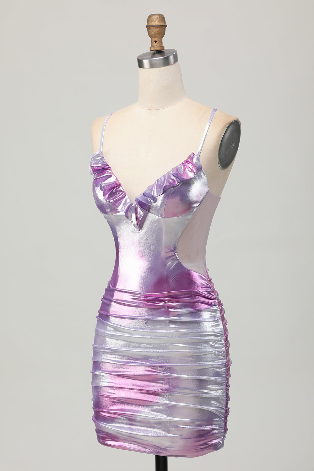 Silver Purple Tight Spaghetti Straps Short Metallic Homecoming Dress