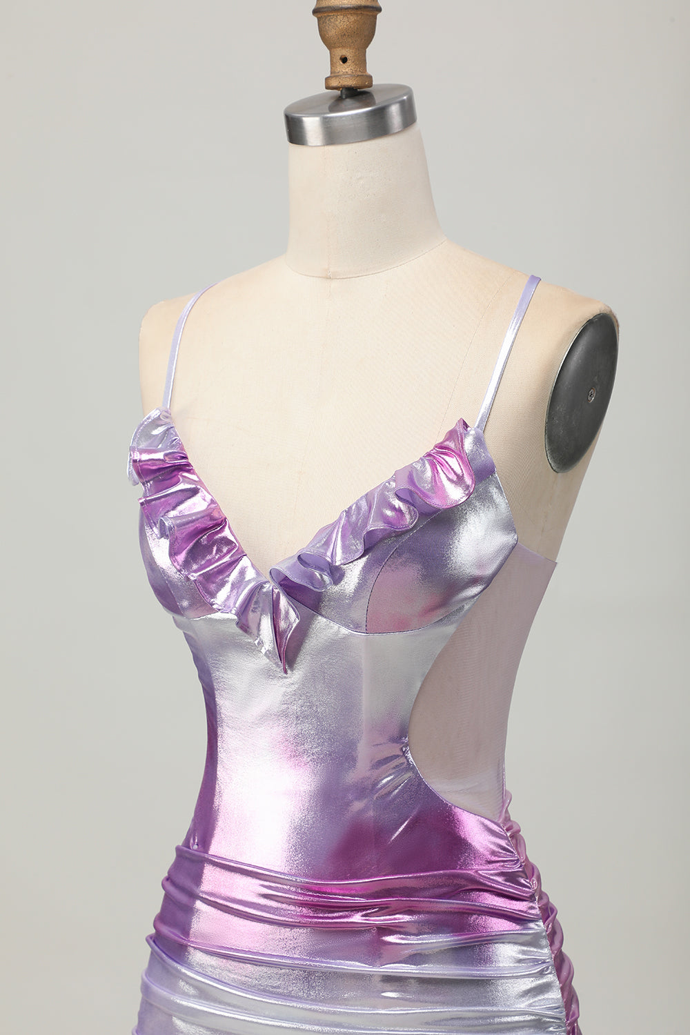 Silver Purple Tight Spaghetti Straps Short Metallic Homecoming Dress