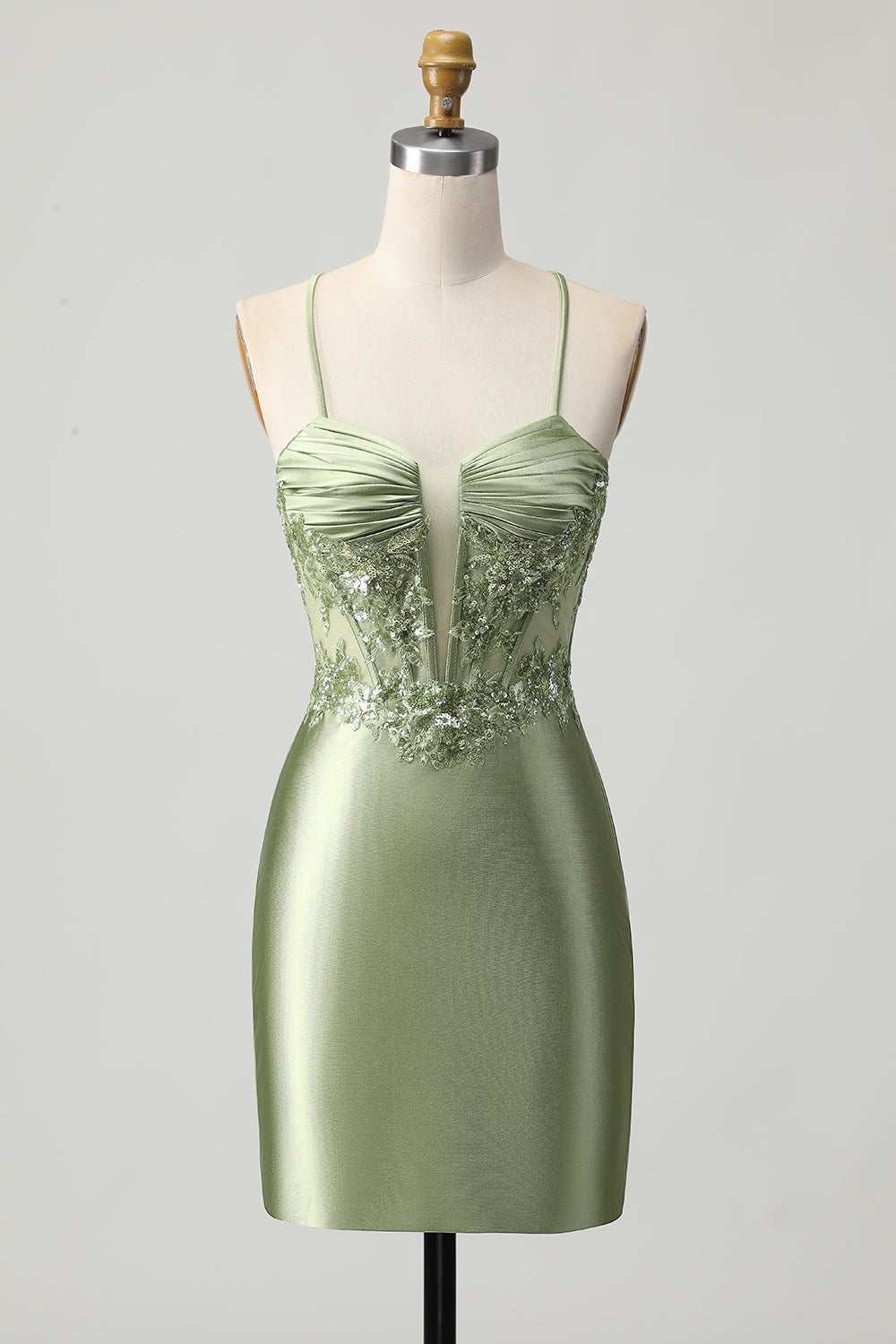 Sparkly Sage Green Corset Tight Short Satin Homecoming Dress
