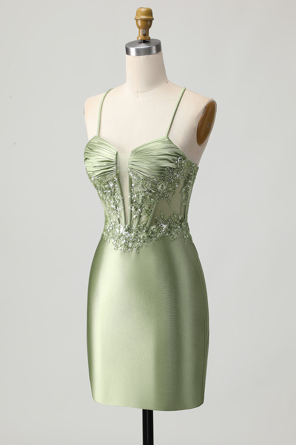 Sparkly Sage Green Corset Tight Short Satin Homecoming Dress