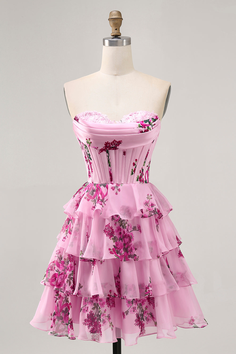 Pink Floral Sweetheart Short Corset Homecoming Dress with Ruffles