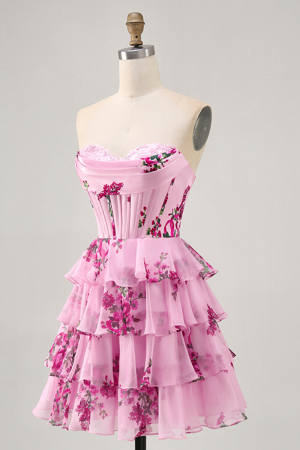 Pink Floral Sweetheart Short Corset Homecoming Dress with Ruffles