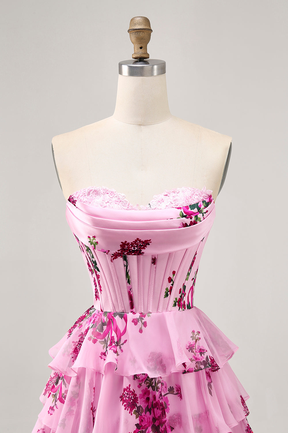 Pink Floral Sweetheart Short Corset Homecoming Dress with Ruffles