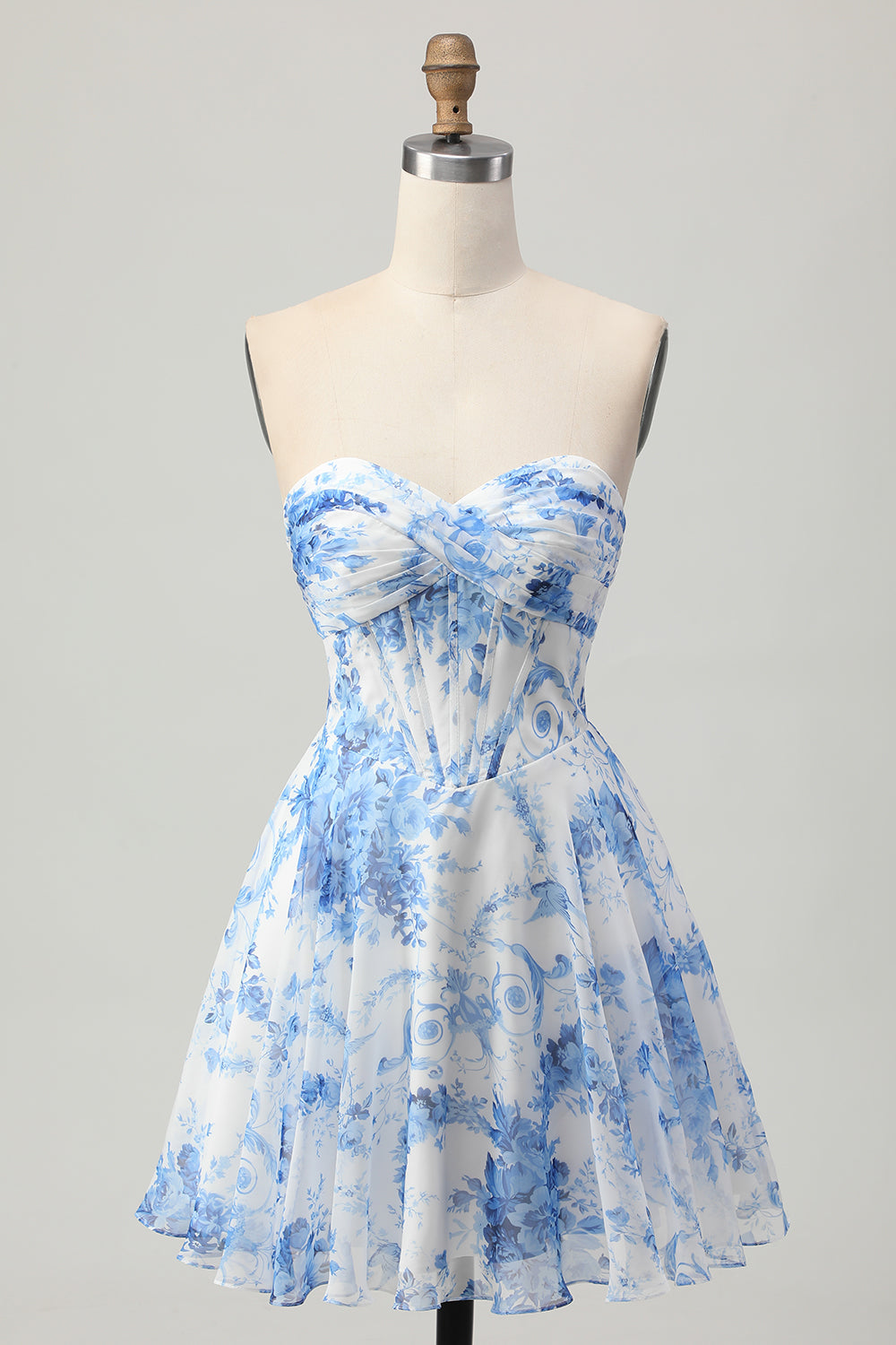 White Blue Floral A Line Strapless Corset Homecoming Dress