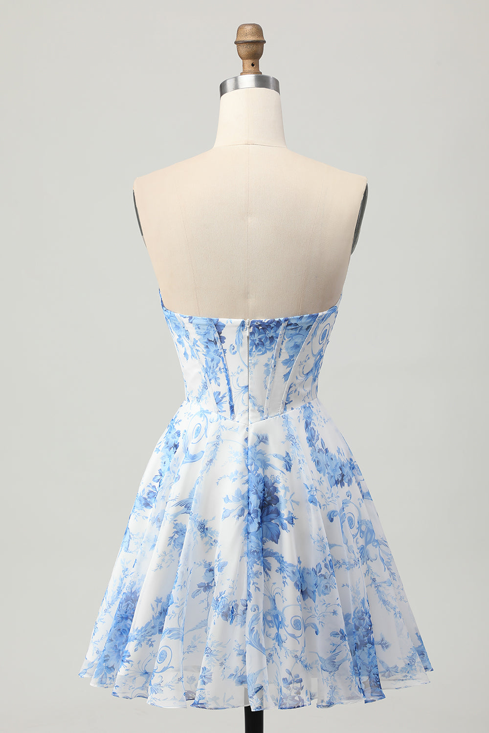 White Blue Floral A Line Strapless Corset Homecoming Dress