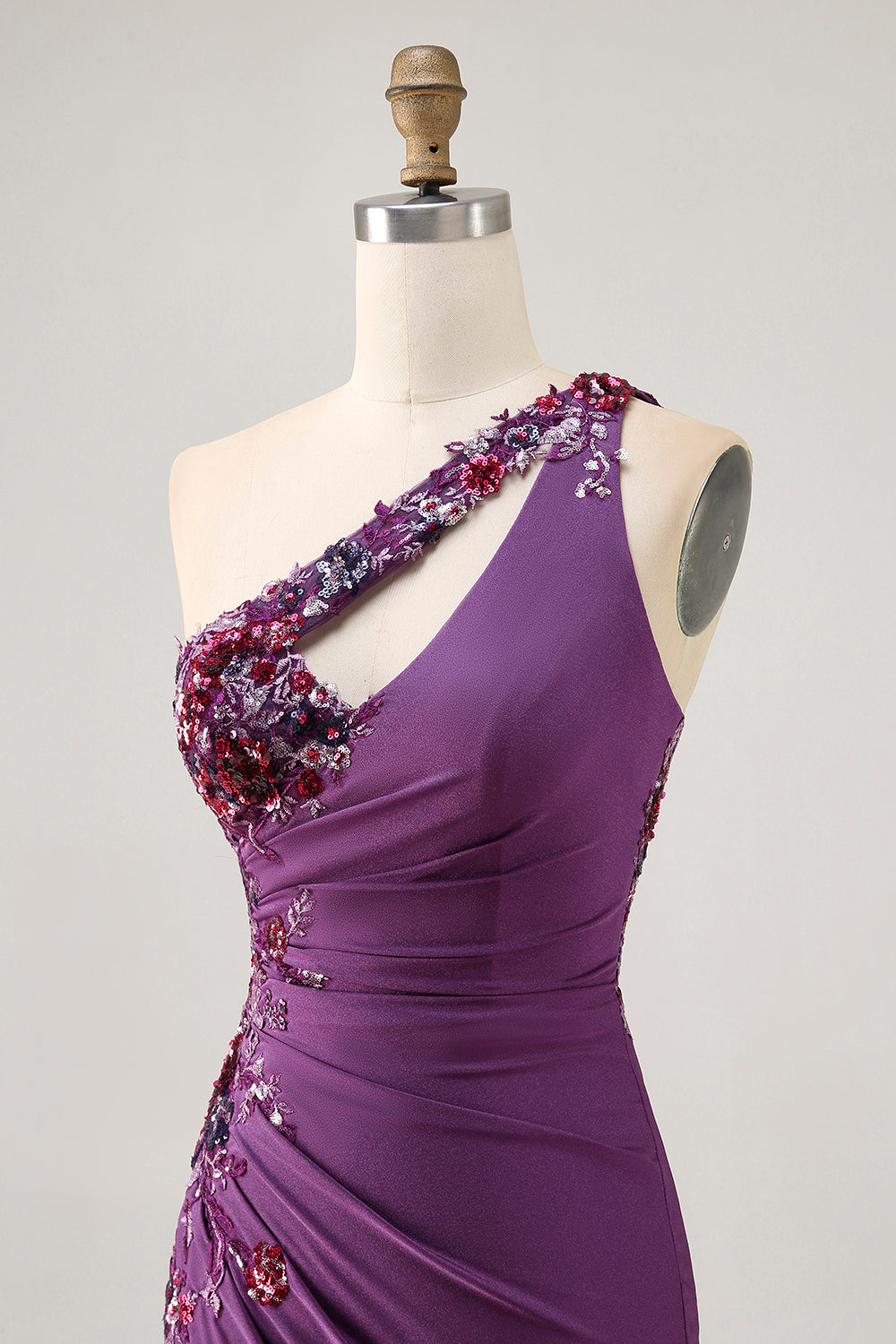 Sparkly Dark Purple Floral Tight One Shoulder Short Homecoming Dress