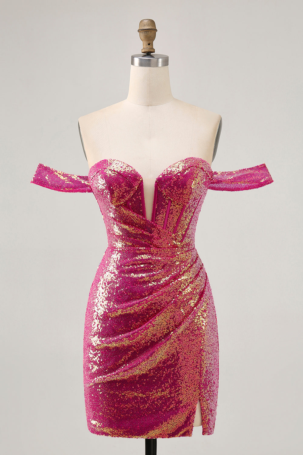 Sparkly Fuchsia Sequin Tight Ruched Short Corset Homecoming Dress