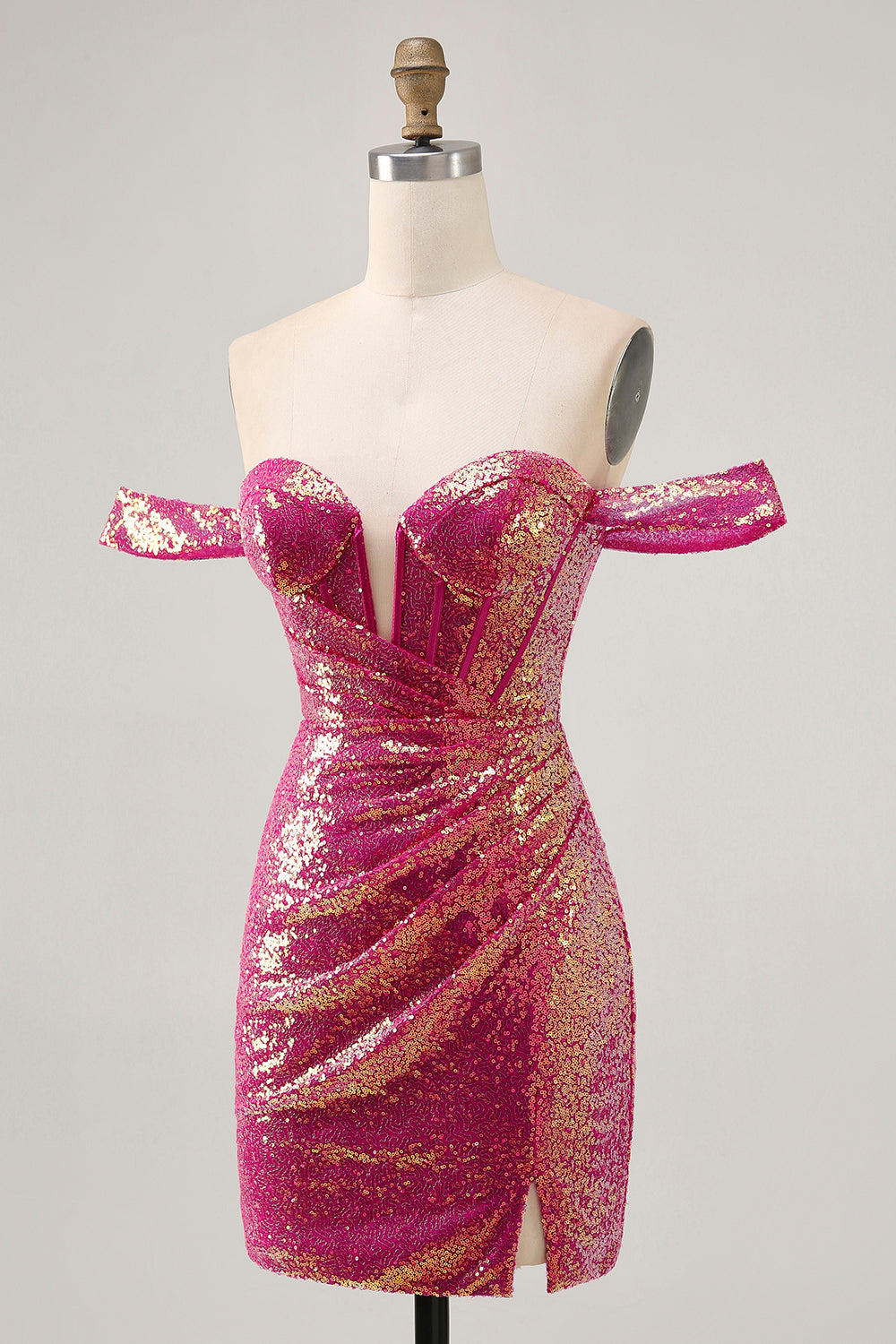 Sparkly Fuchsia Sequin Tight Ruched Short Corset Homecoming Dress