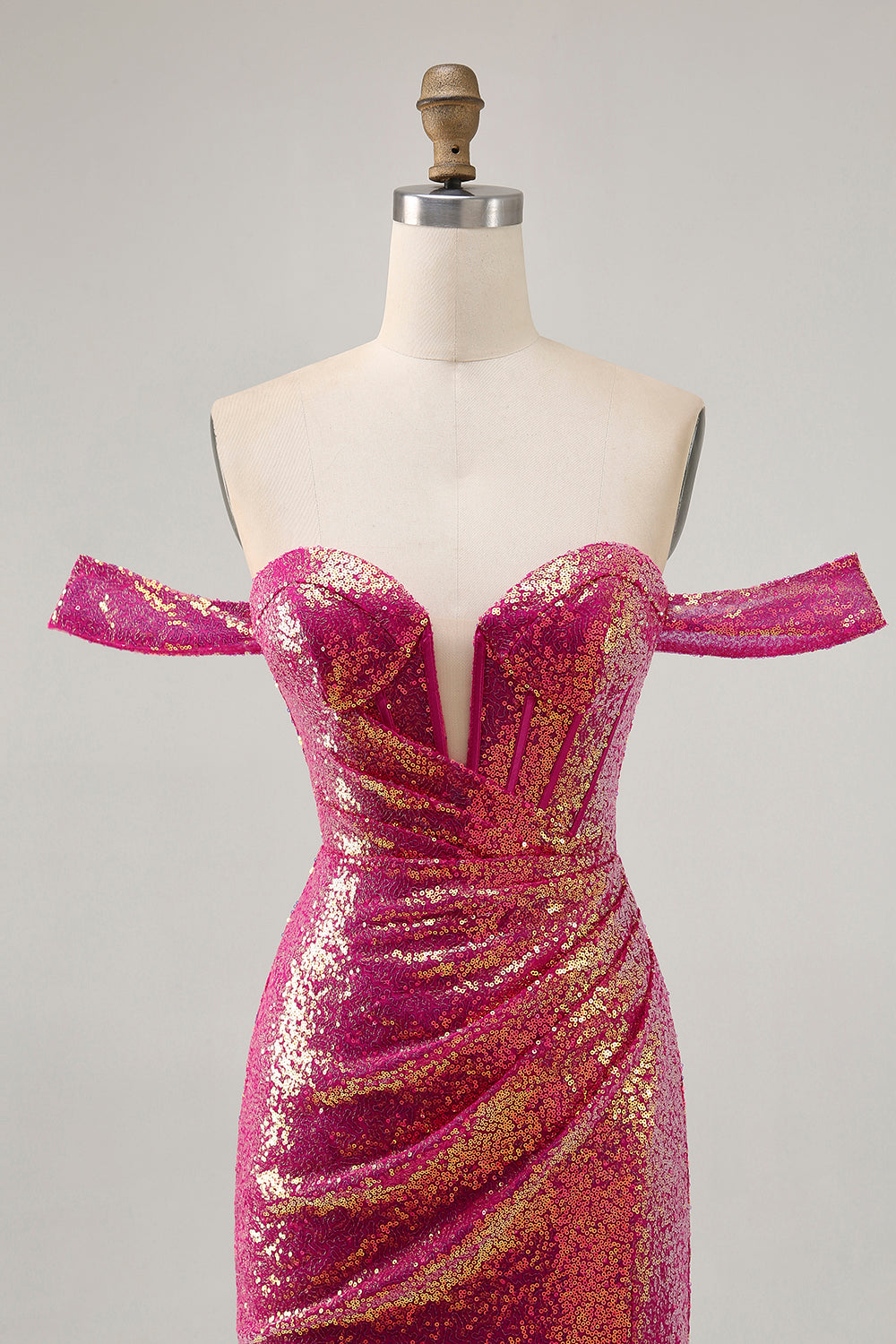 Sparkly Fuchsia Sequin Tight Ruched Short Corset Homecoming Dress