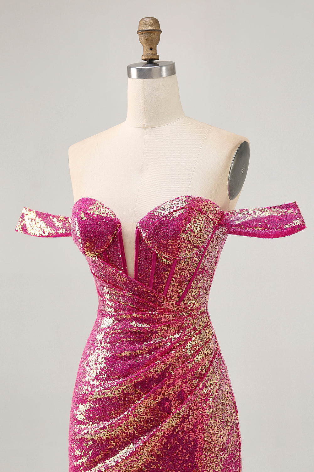 Sparkly Fuchsia Sequin Tight Ruched Short Corset Homecoming Dress