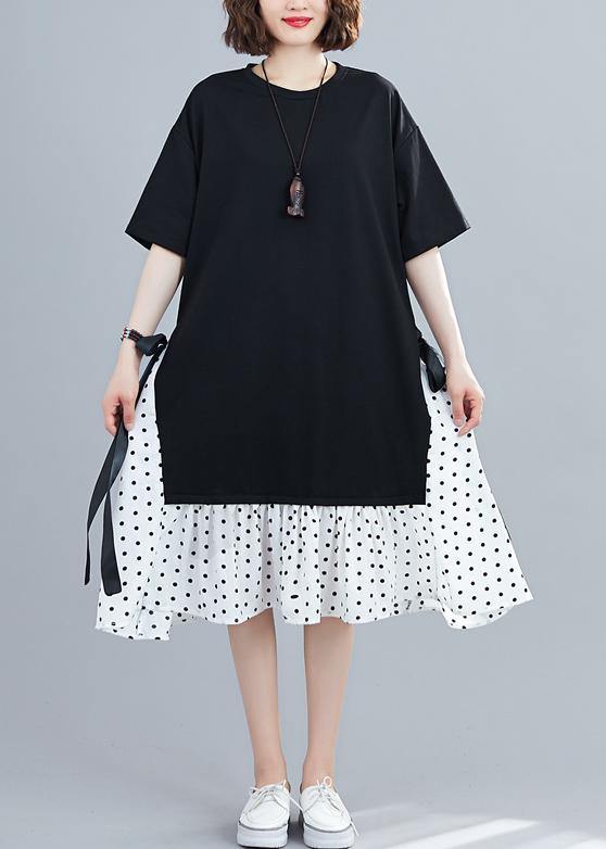 Polka Dot Panel Crew Neck Short Sleeve Side Tie Ruffle Hem Midi Dress