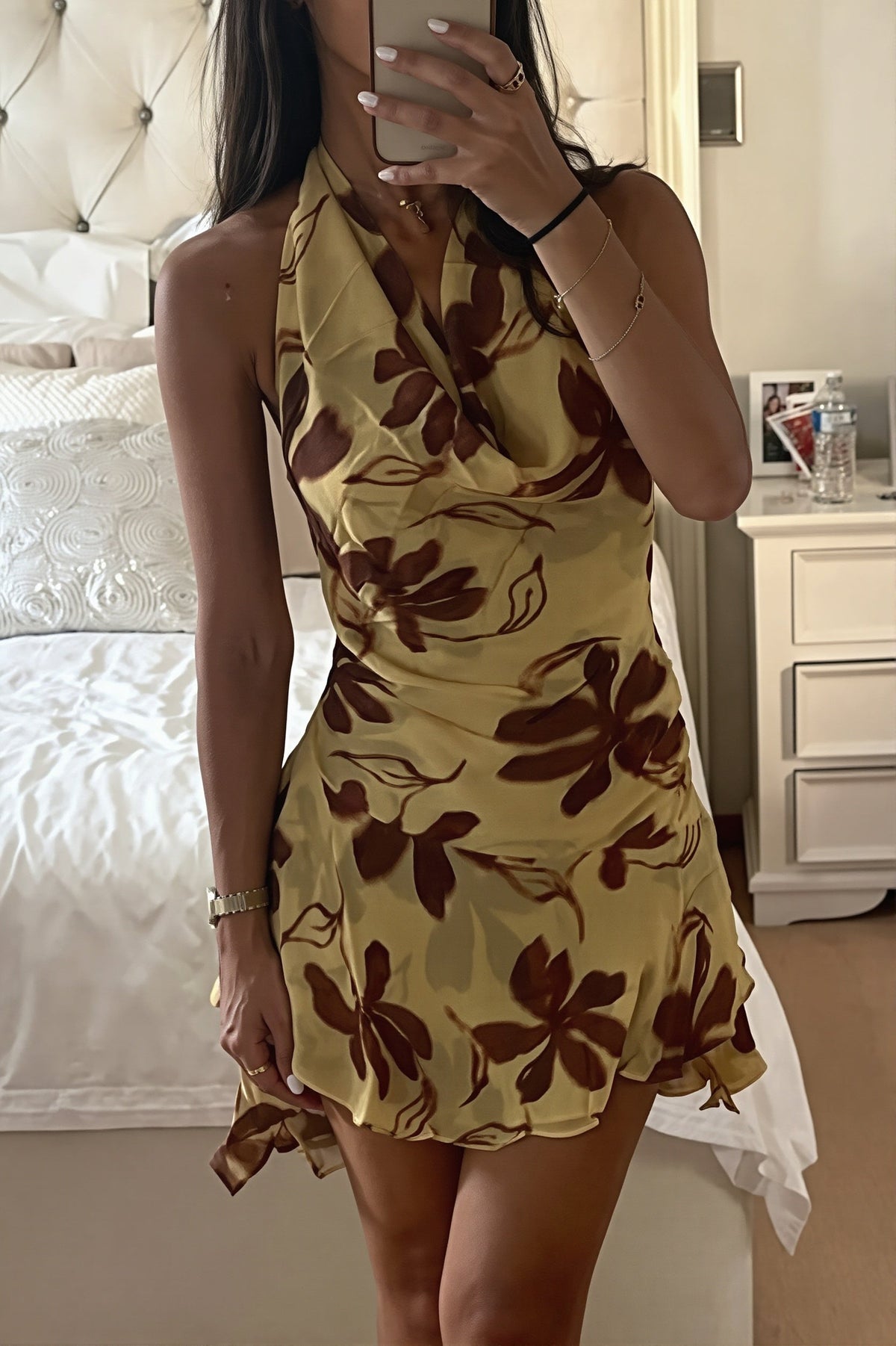 Floral Halter Cowl Neck Ruched Flare Mini Dress