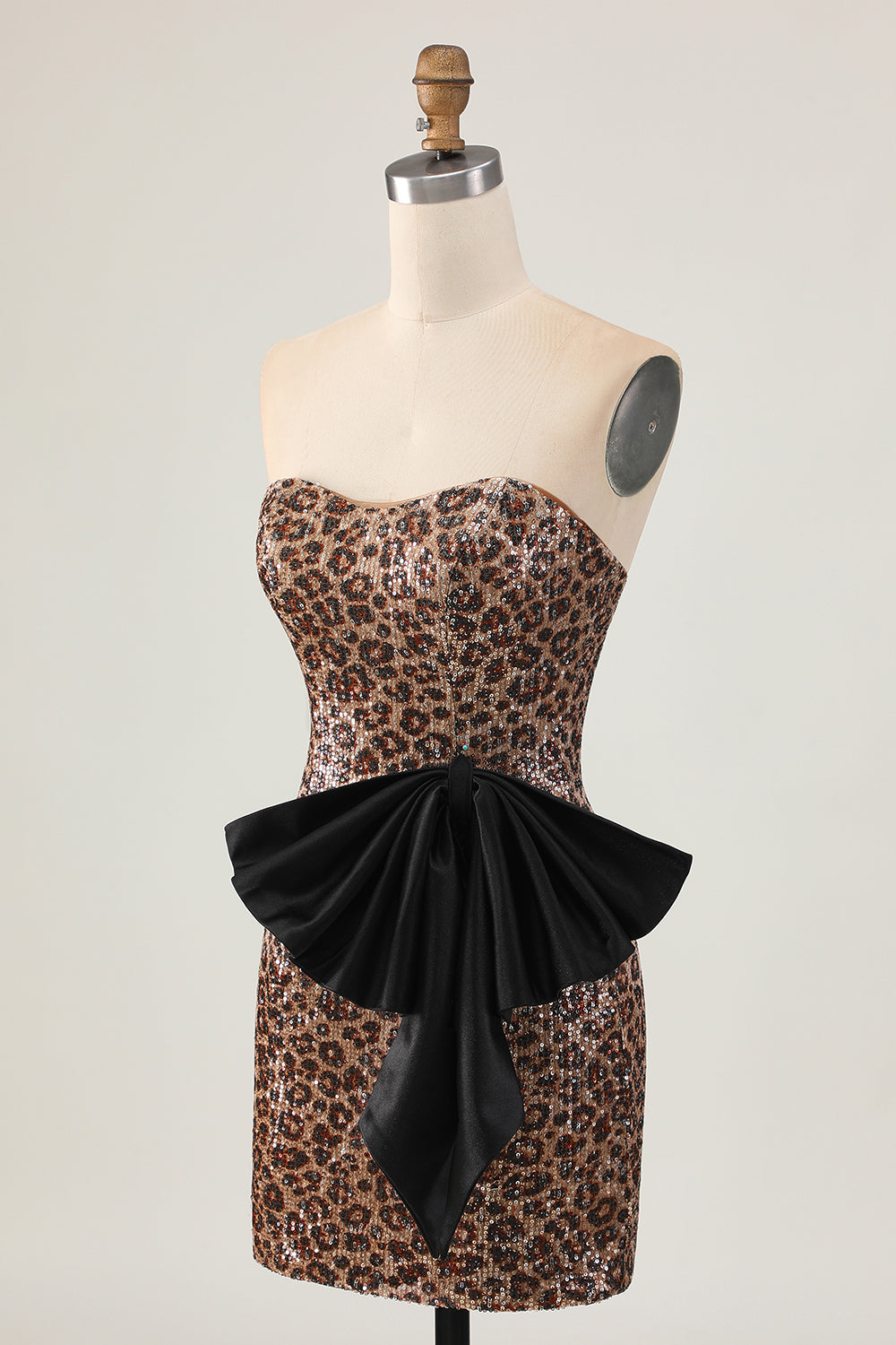 Sparkly Brown Leopard Sequins Short Tight Homecoming Dress with Bow