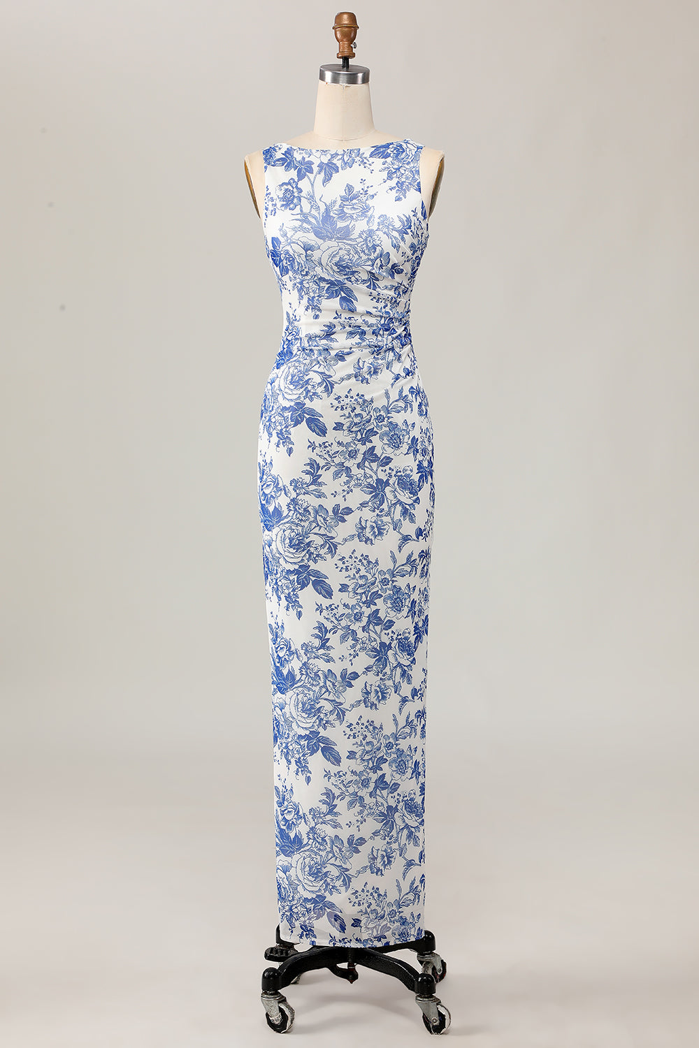 Floral Printed Bodycon White Blue Long Wedding Guest Dress