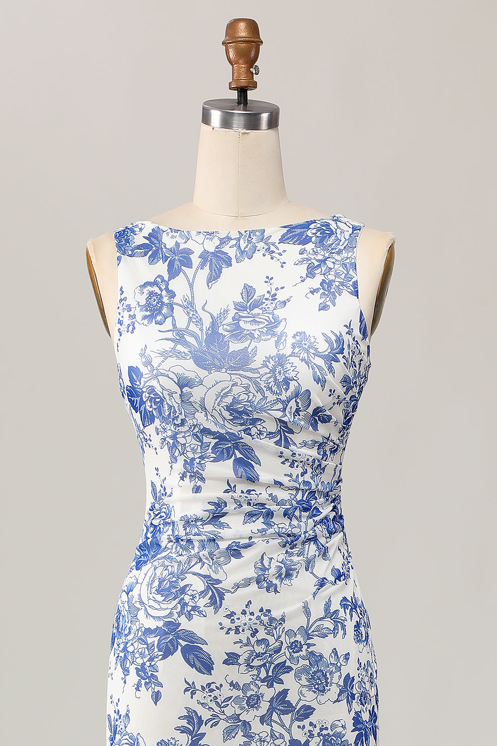 Floral Printed Bodycon White Blue Long Wedding Guest Dress