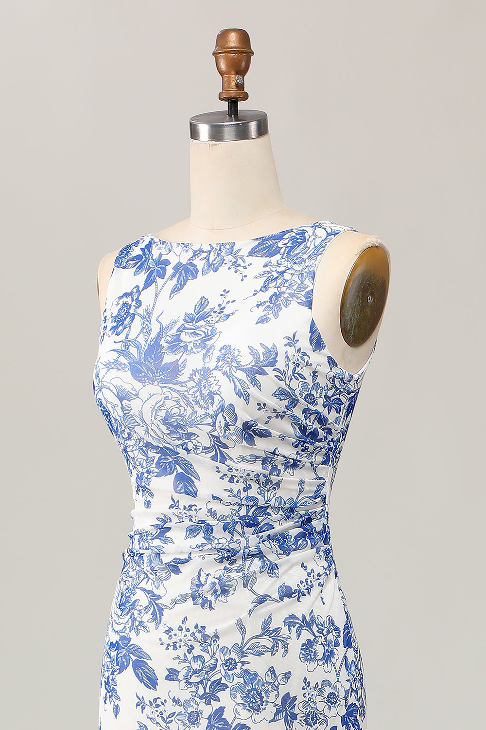 Floral Printed Bodycon White Blue Long Wedding Guest Dress