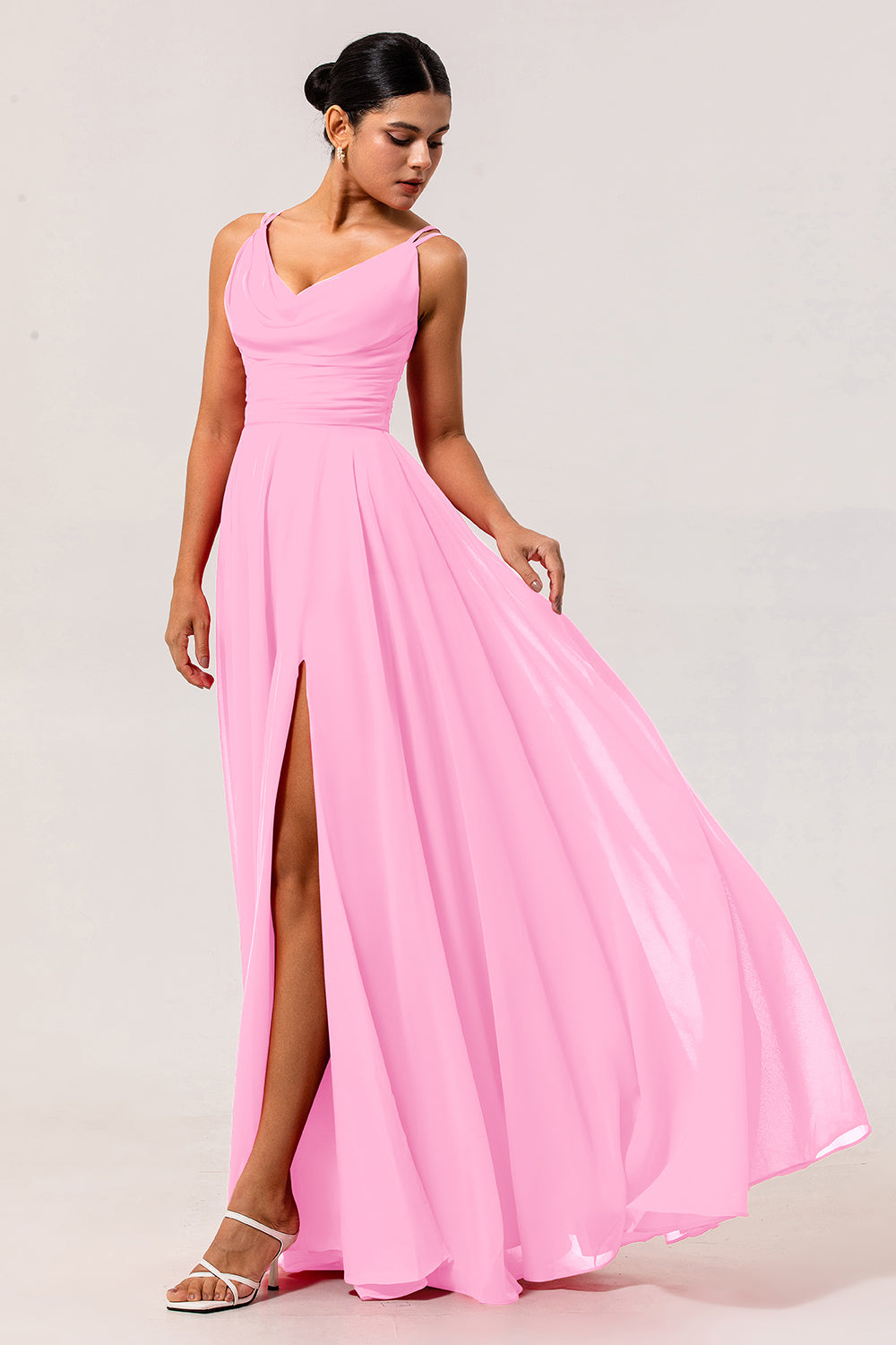 Blush Pink A Line Long Chiffon Wedding Guest Dress with Slit