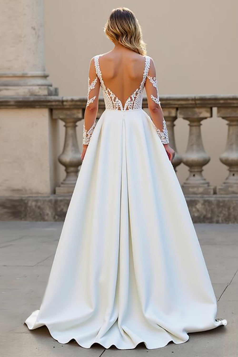 Ivory Satin A Line Backless Sweep Train Wedding Dress with Sleeves