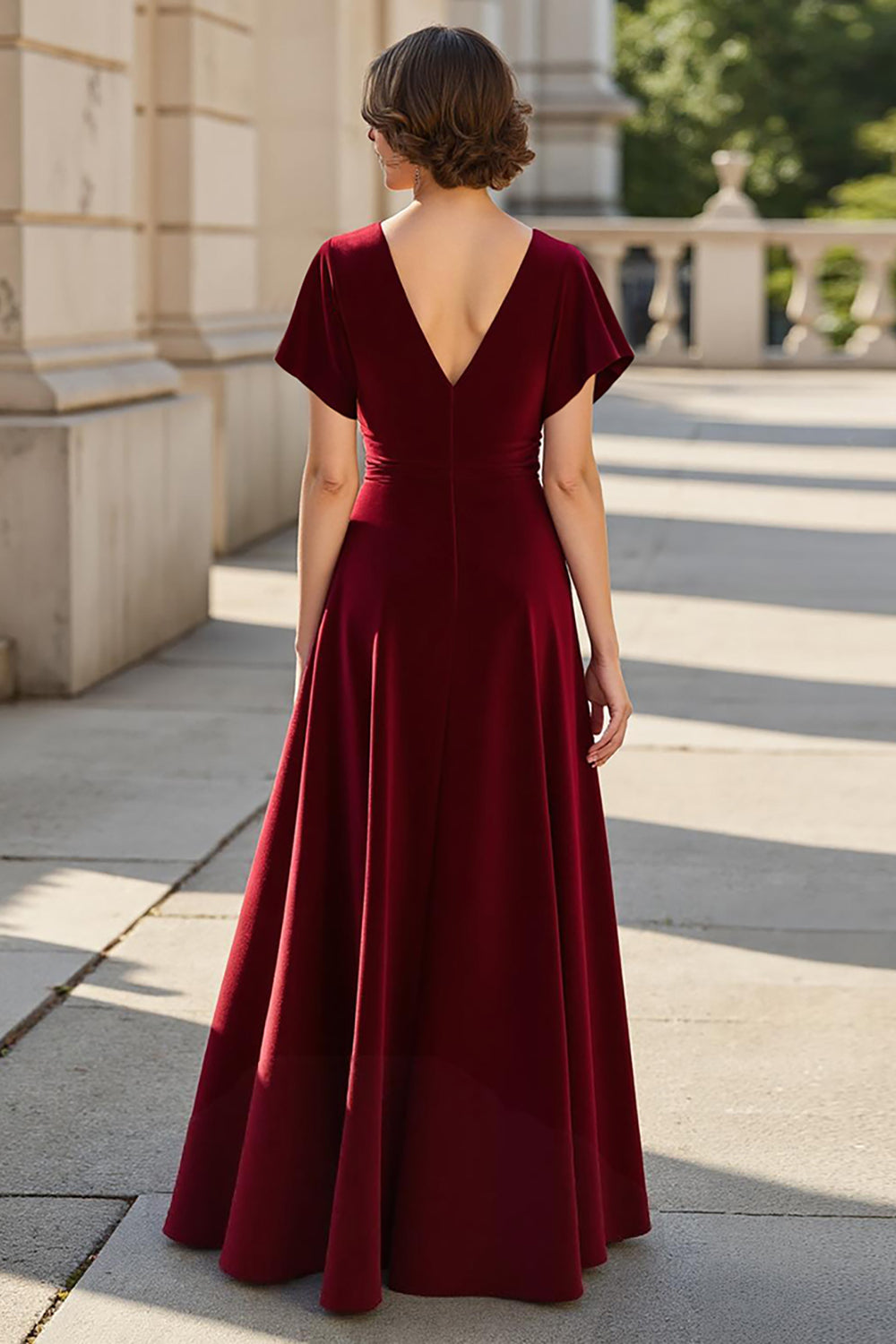 A Line Burgundy V-Neck Floral Satin Mother of the Bride Dress with Sleeves