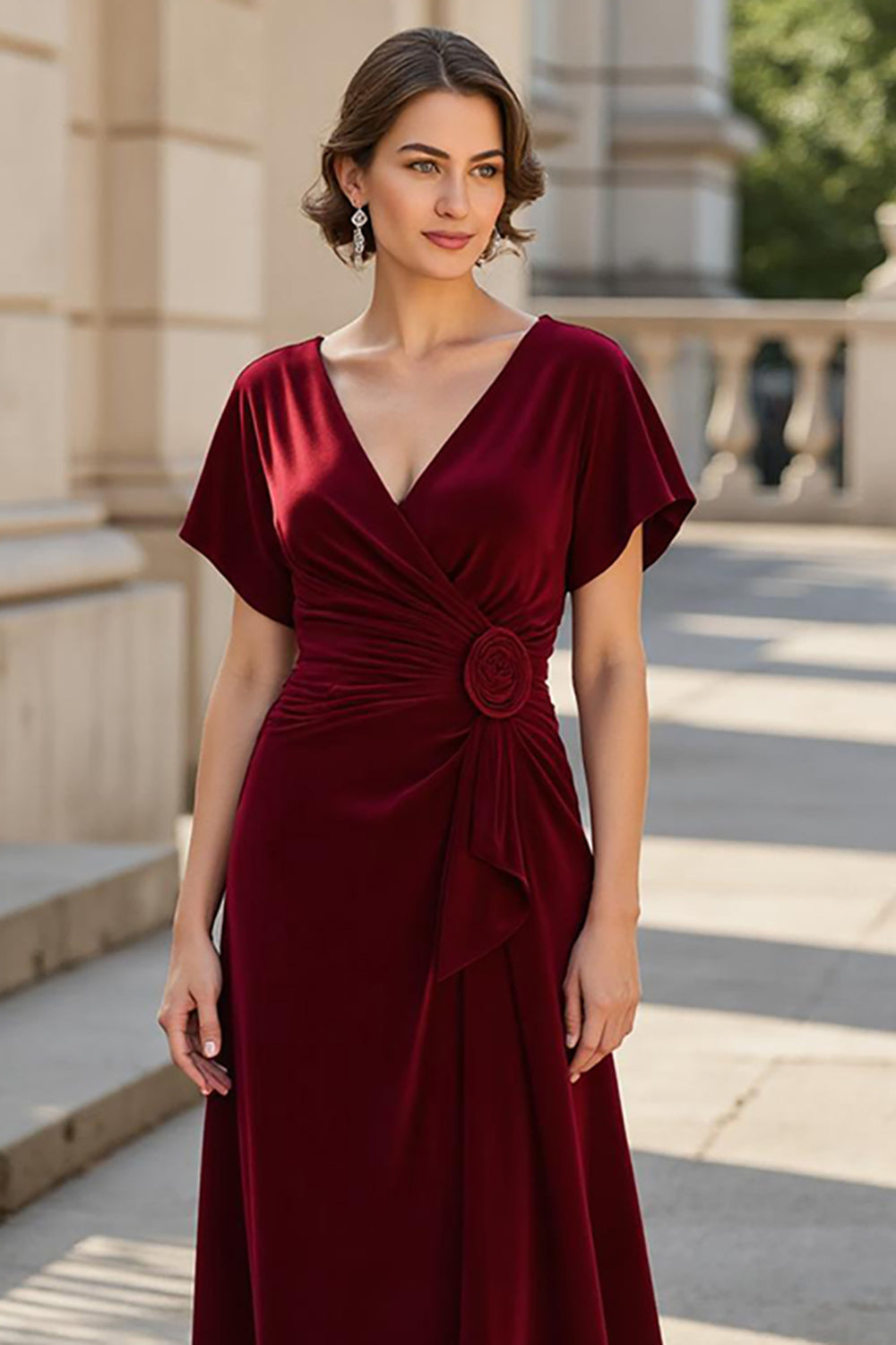 A Line Burgundy V-Neck Floral Satin Mother of the Bride Dress with Sleeves