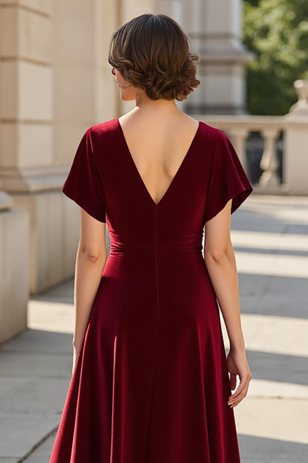A Line Burgundy V-Neck Floral Satin Mother of the Bride Dress with Sleeves