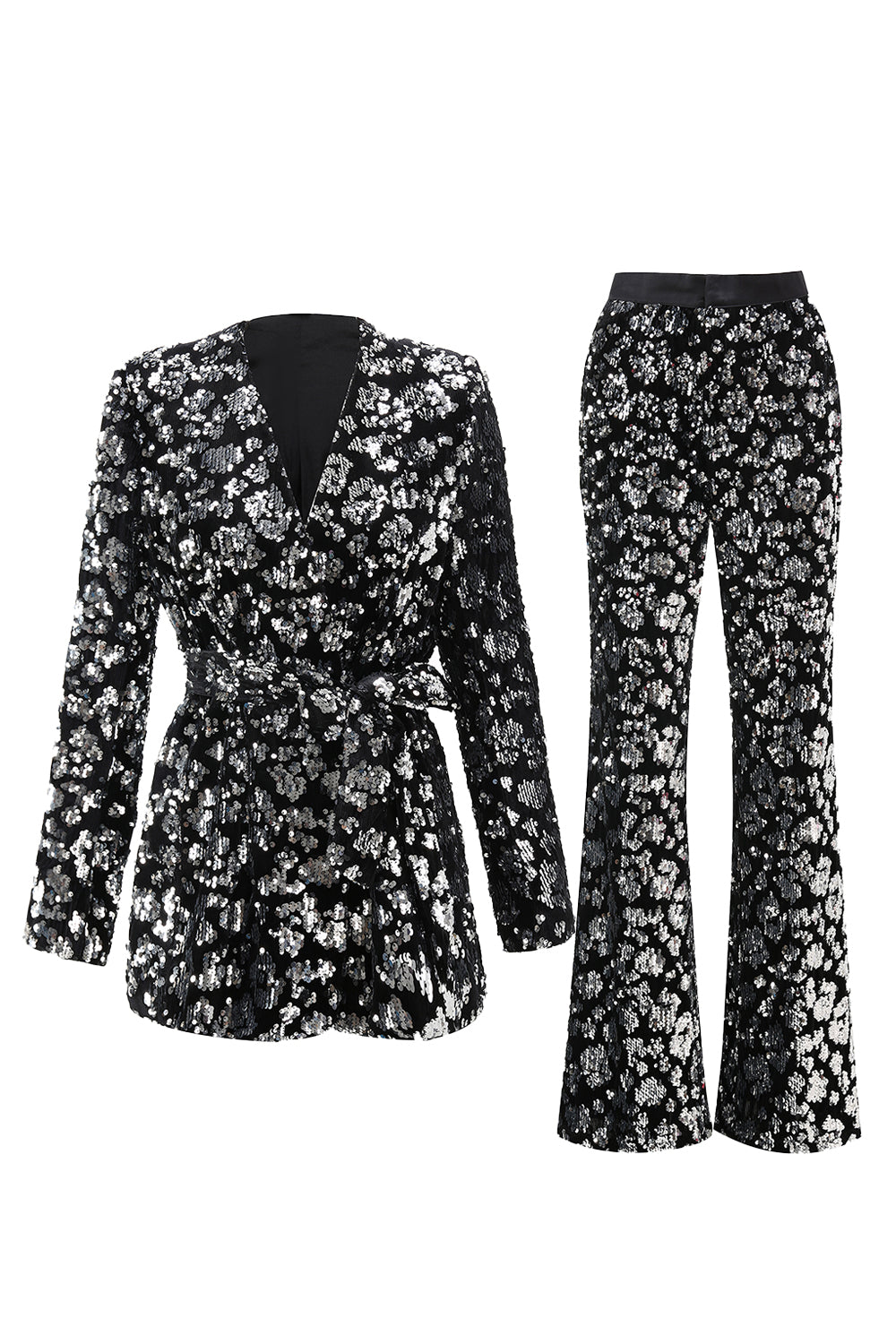 Sparkly Black Sequin 2 Piece Women Prom Suits with Sash