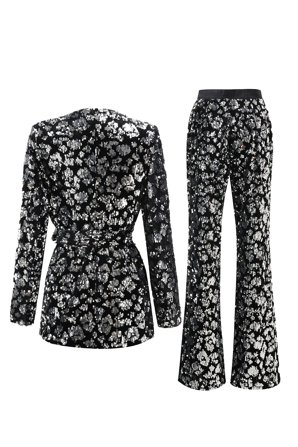 Sparkly Black Sequin 2 Piece Women Prom Suits with Sash